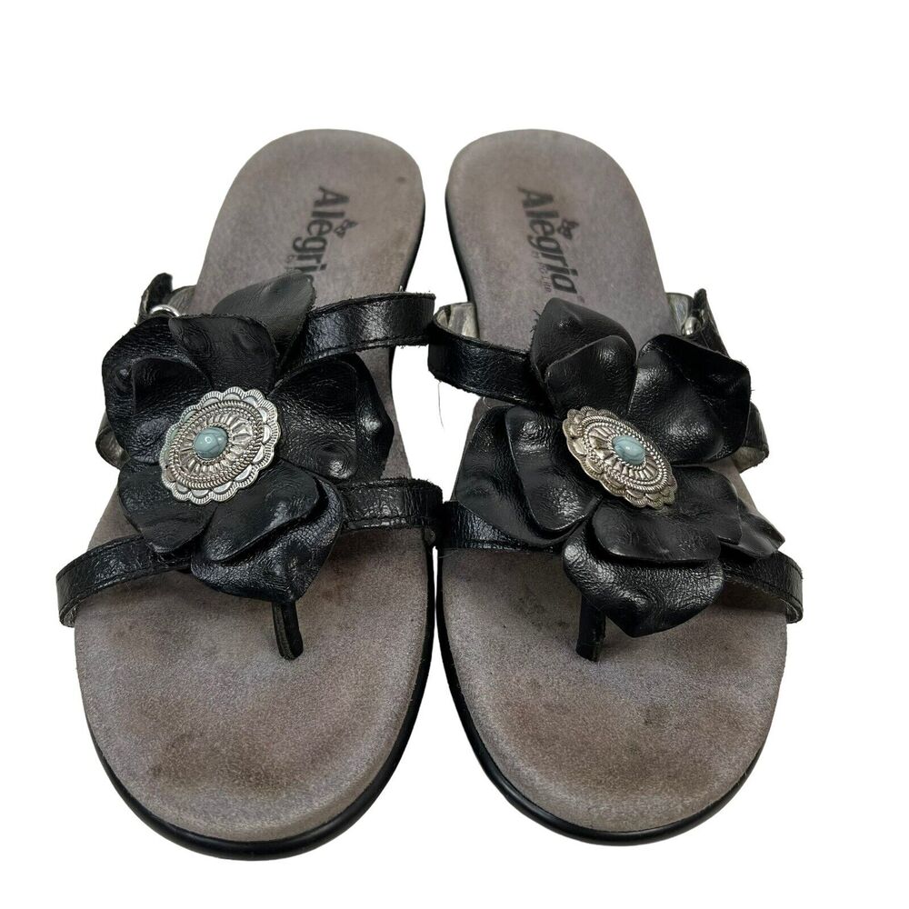 Alegria Sz 38 8 8.5 Sandals Hul-101 Black Leather Flower Concho Women’s Comfort